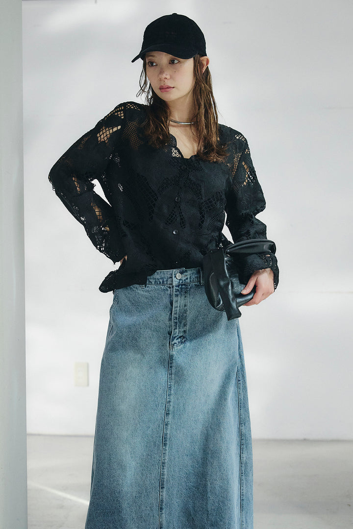 [SET]フラワー刺繍レースブラウス+デニムロングフレアスカート(2set)