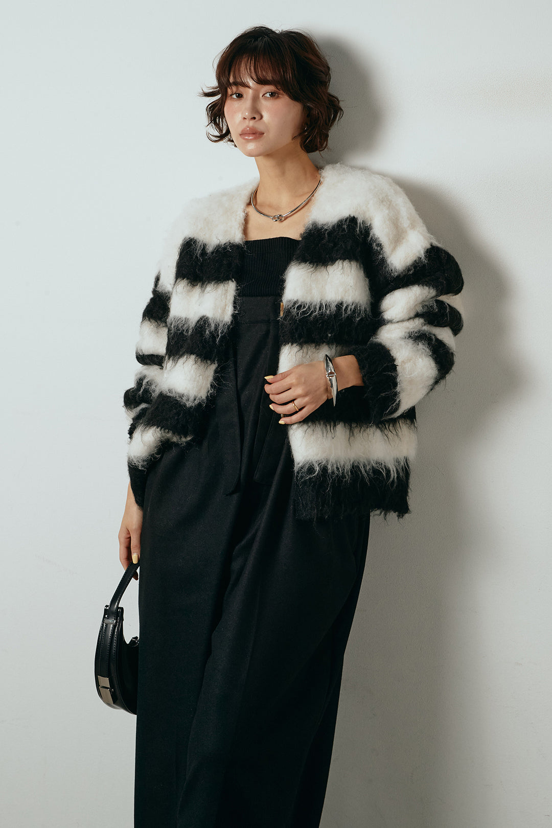 [SET]シャギーボーダー柄ニットカーディガン+ウール混フランネルワイドサロペット(2set)