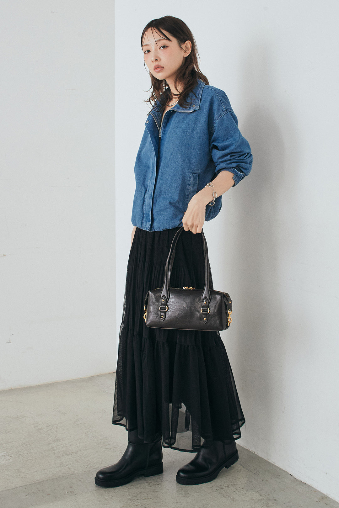 [SET]スタンドカラーデニムブルゾンジャケット+ボリュームシルエットチュールスカート(2set)