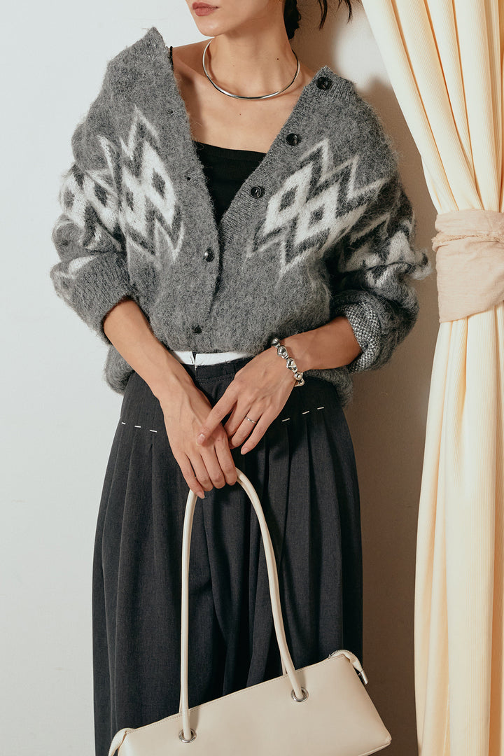 [SET]起毛ノルディック柄ニットカーディガン+ウエストステッチデザインワイドスラックス(2set)