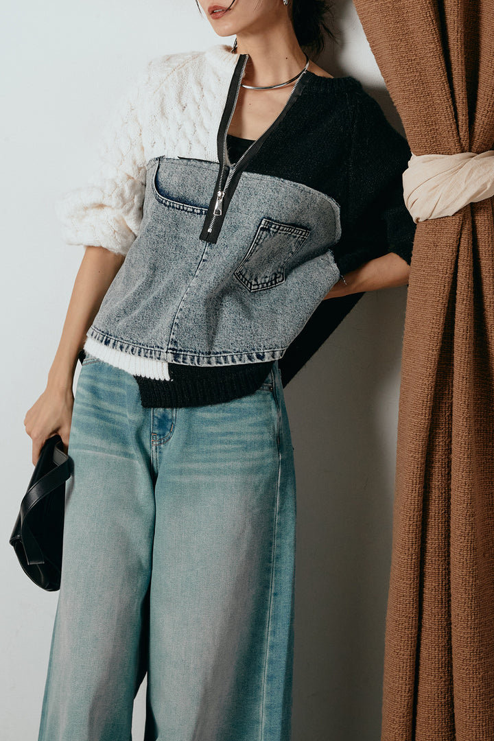 [SET]ハーフジップニットデニムドッキングトップス+ウエストダブルボタンワイドデニムパンツ(2set)