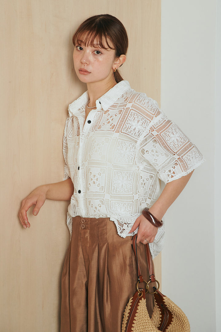 [SET]クロシェレースハーフスリーブシャツ+ダブルボタンワイドパンツ(2set)