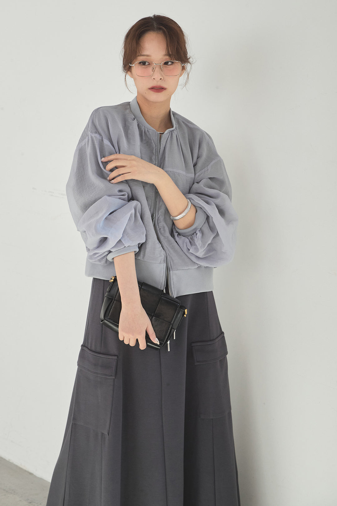 [SET]シアー×ポンチブルゾン+リラックススウェットスカート(2set)