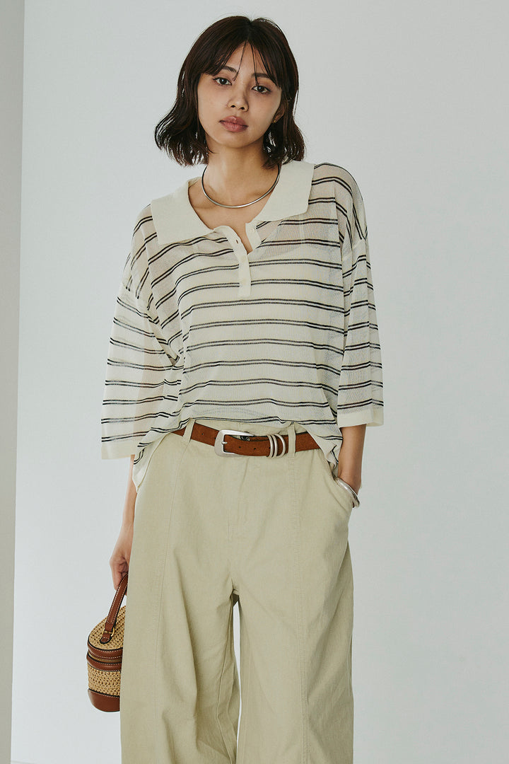 [SET]ボーダーニットポロシャツ+サイドベルトカーブワイドパンツ(2set)