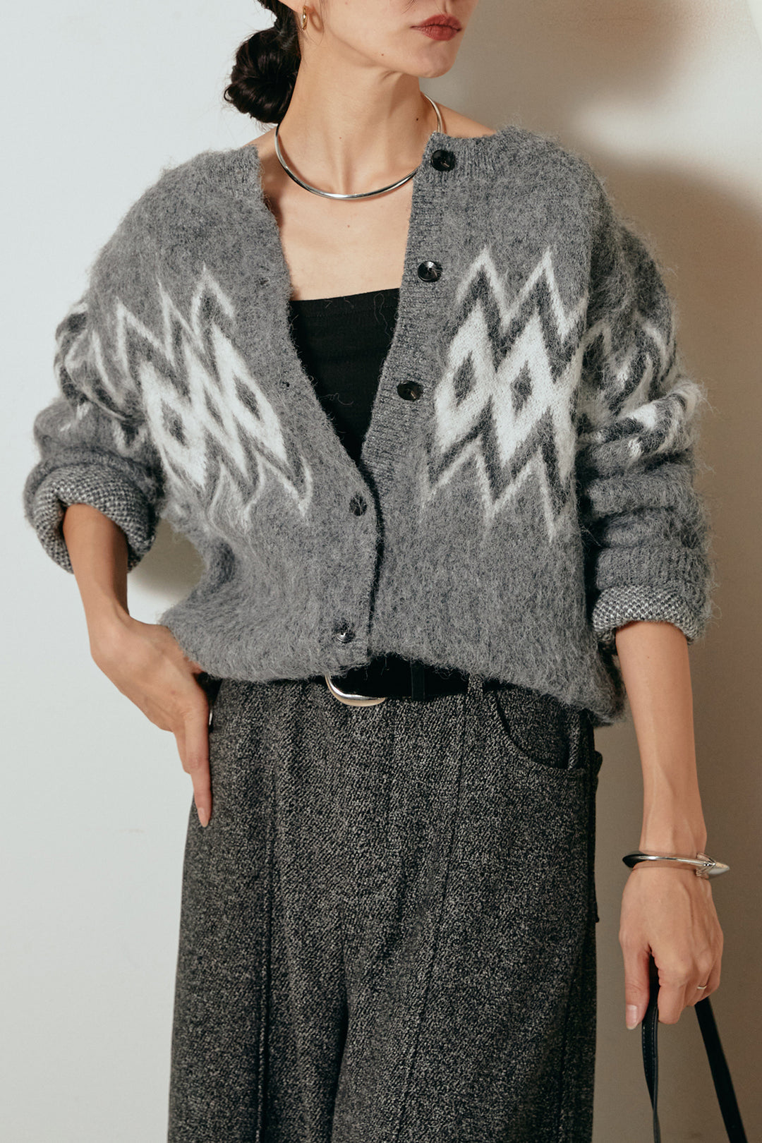 [SET]起毛ノルディック柄ニットカーディガン+太ベルト付きツイードワイドパンツ(2set)