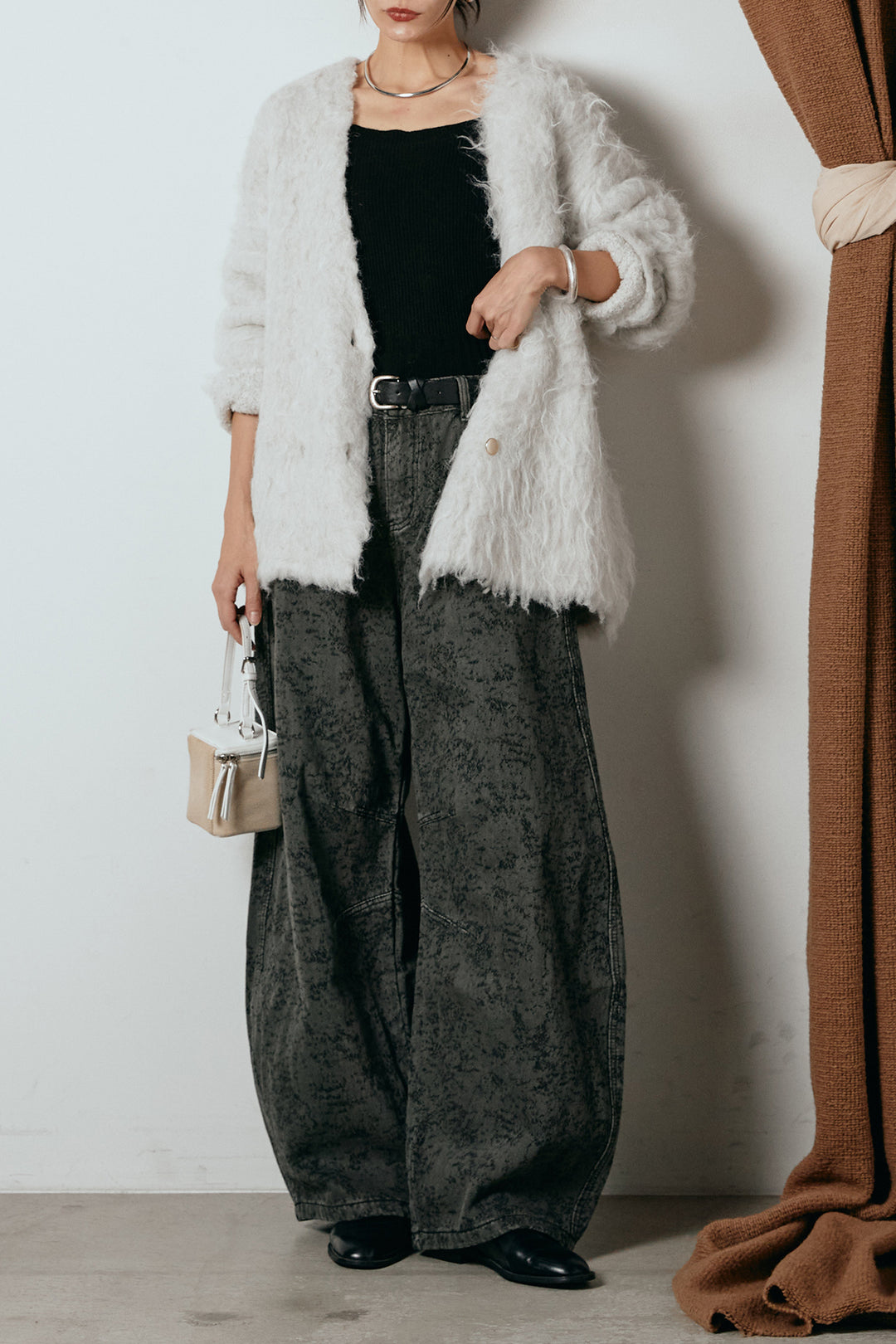 [SET]ウェーブシャギーニットジャケット+ベルト付きニュアンス柄カーブワイドパンツ(2set)