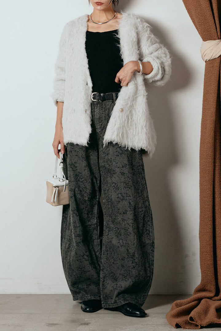 [SET]ウェーブシャギーニットジャケット+ベルト付きニュアンス柄カーブワイドパンツ(2set)