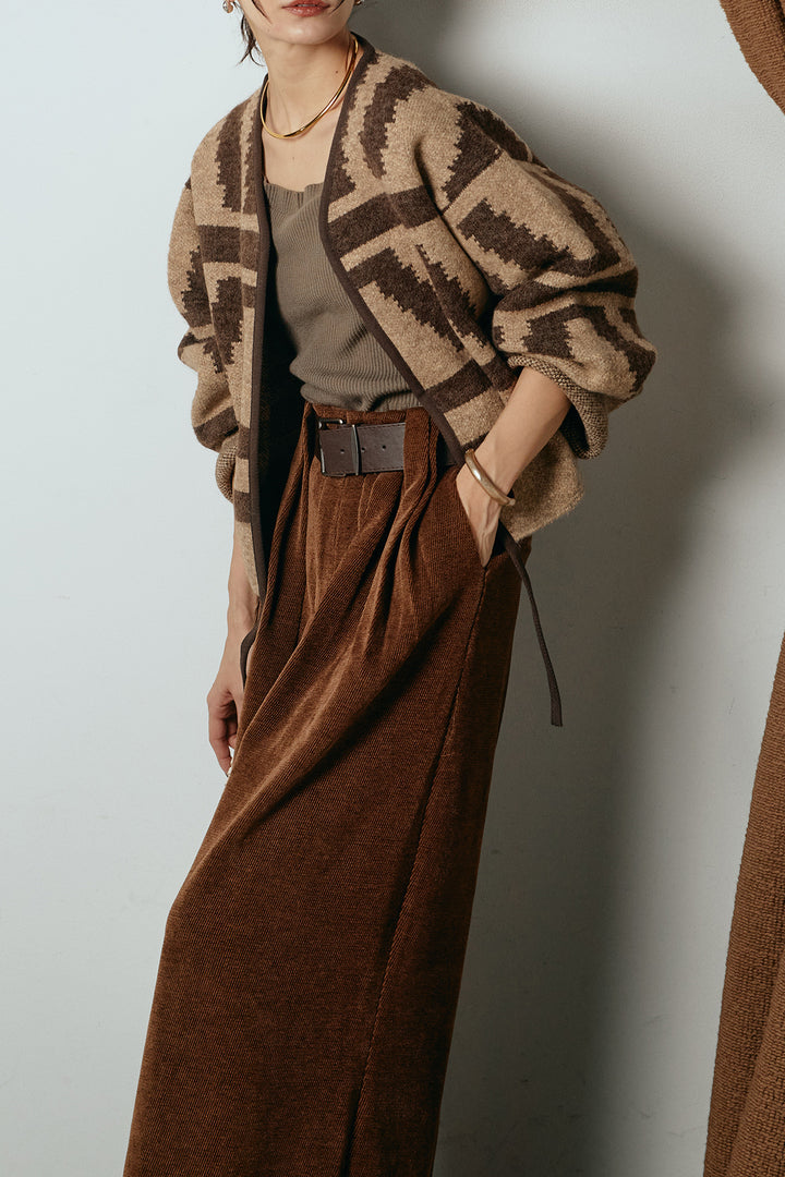 [SET]ノーカラー幾何学模様アウター+ベルトループコーデュロイワイドパンツ(2set)