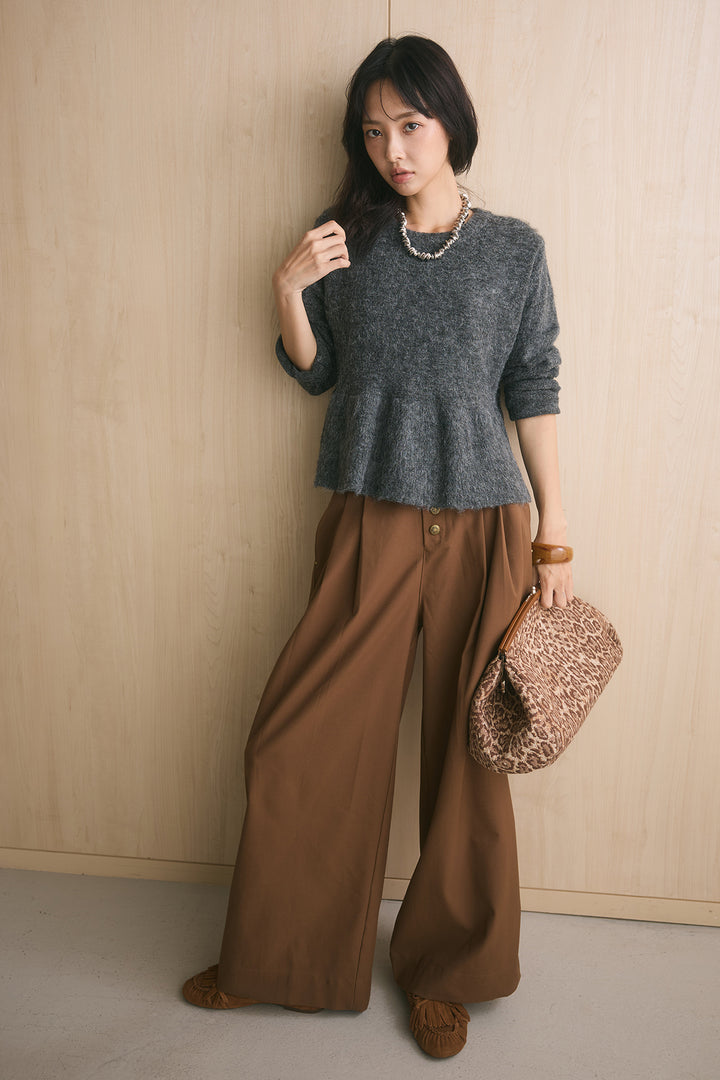 [SET]モヘアぺプラムクルーネックプルオーバー+ファイブボタンツータックワイドパンツ(2set)