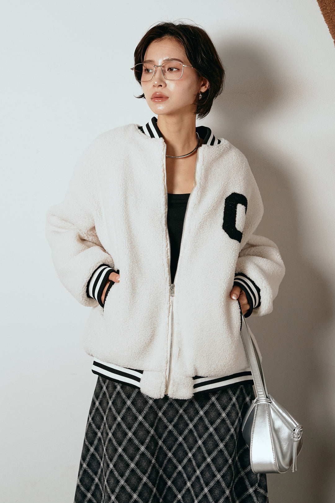 [SET]ロゴスタジャンボアブルゾン+フロッキー起毛チェックスカート(2set)