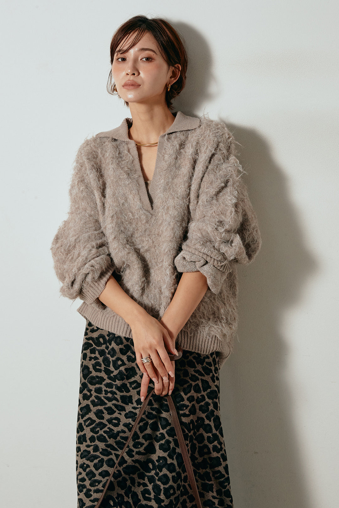 [SET]襟付きシャギーニットポロトップス+レオパードロングスカート(2set)