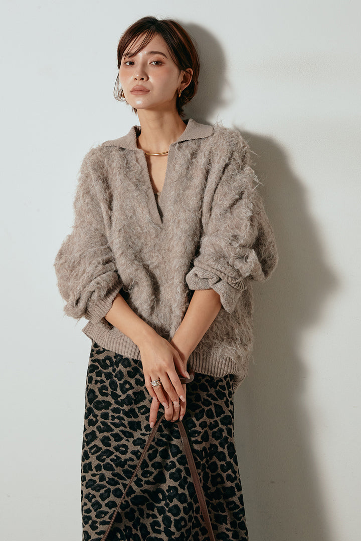 [SET]襟付きシャギーニットポロトップス+レオパードロングスカート(2set)