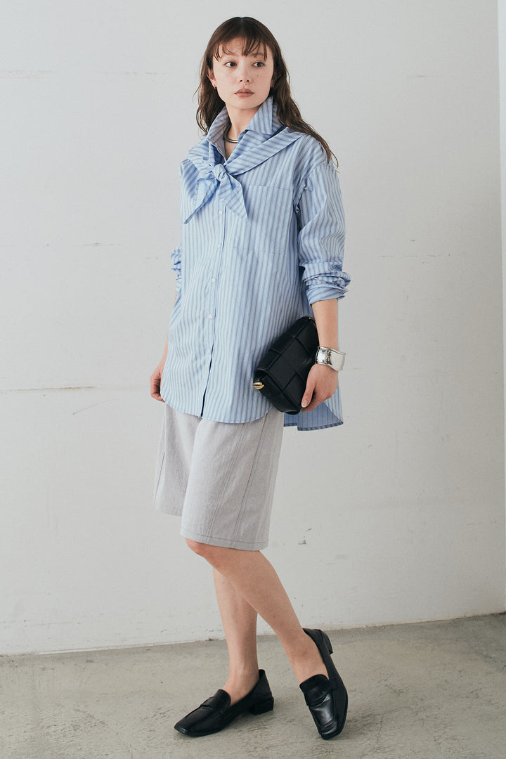 [SET]ランダムストライプスカーフ付きシャツ+デニムハーフパンツ(2set)