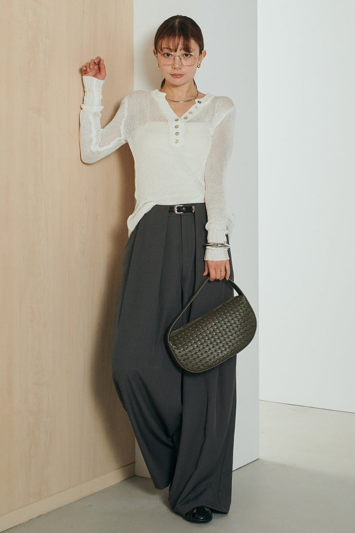 [SET]ヘンリーネックダメージニットプルオーバー+ビックベルトループタックベルト付きワイドパンツ(2set)