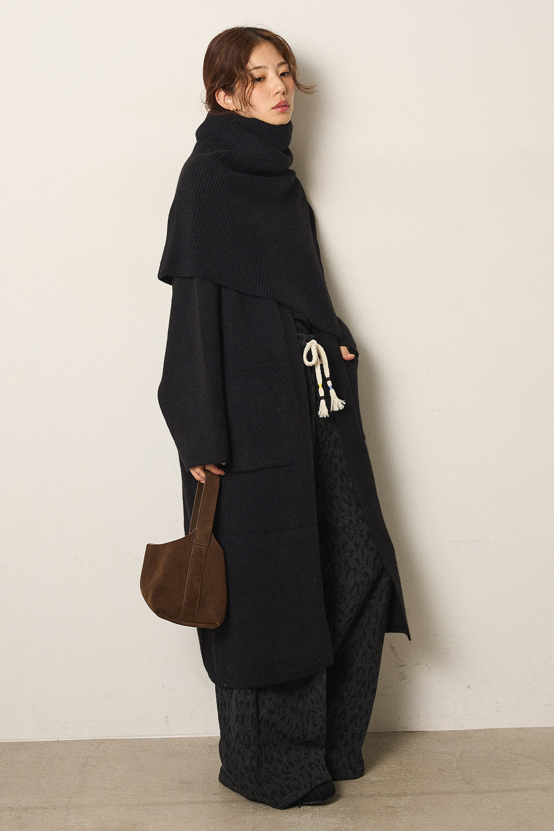 [SET]ケープレイヤードロングカーディガン+レオパードジャガードニットパンツ(2set)