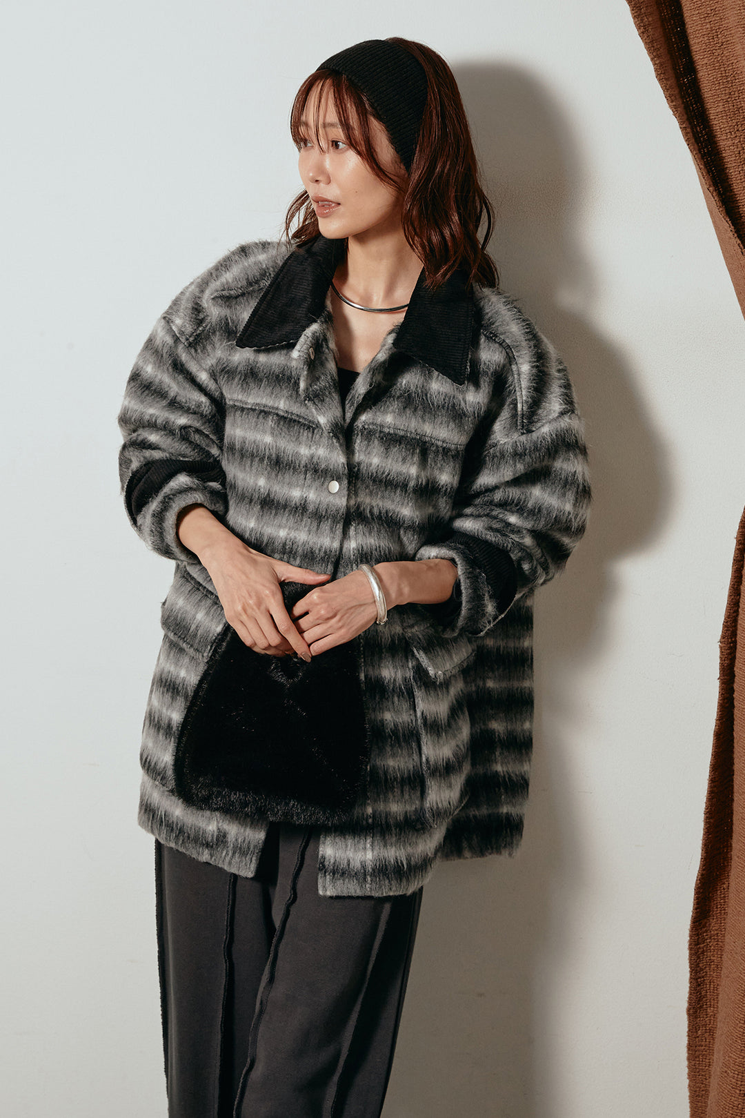 [SET]チェックシャギーミドルカバーオール+フロントラインデザインワイドスウェットパンツ(2set)