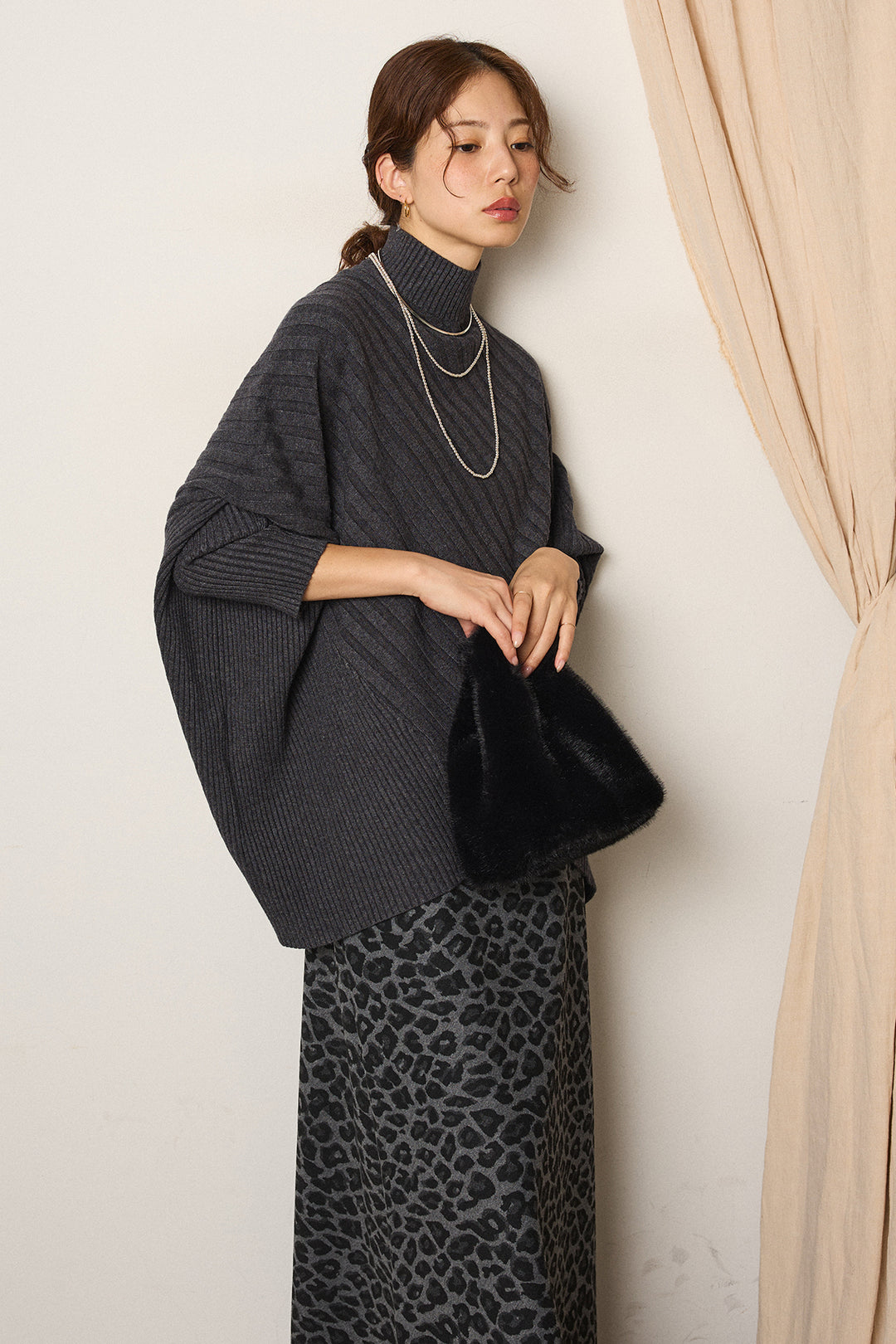 [SET]アシメデザインリブポンチョニットトップス+レオパードロングスカート(2set)