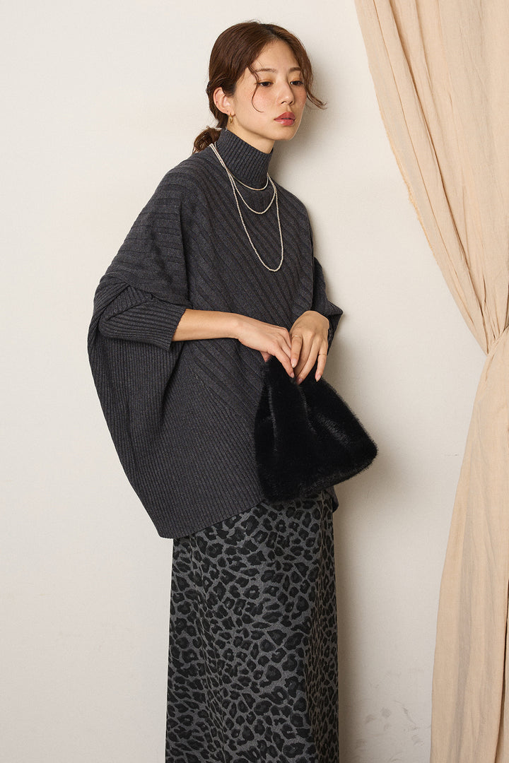 [SET]アシメデザインリブポンチョニットトップス+レオパードロングスカート(2set)