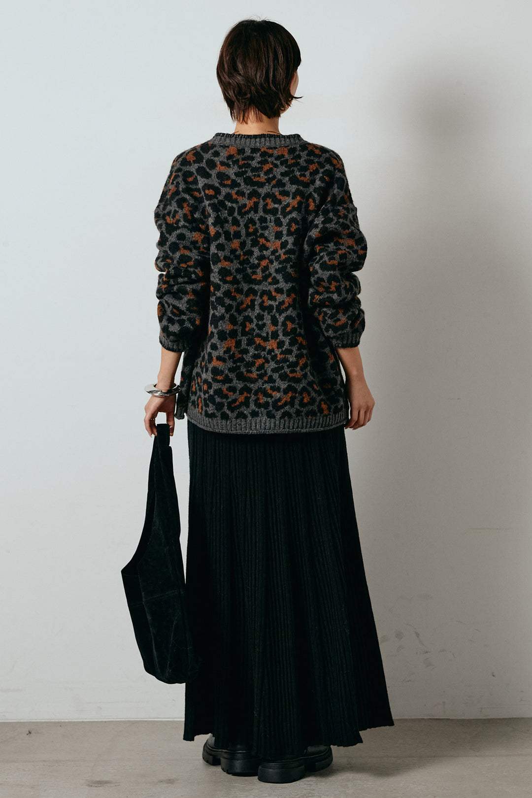 [SET]ステッチデザインレオパードニットカーディガン+リブニットフレアスカート(2set)