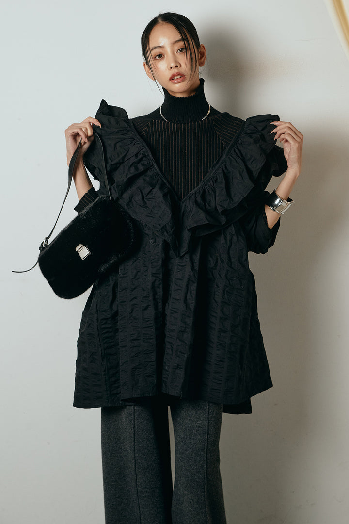 [SET]Vネックフリルカラーブラウス+センターラインニットパンツ(2set)