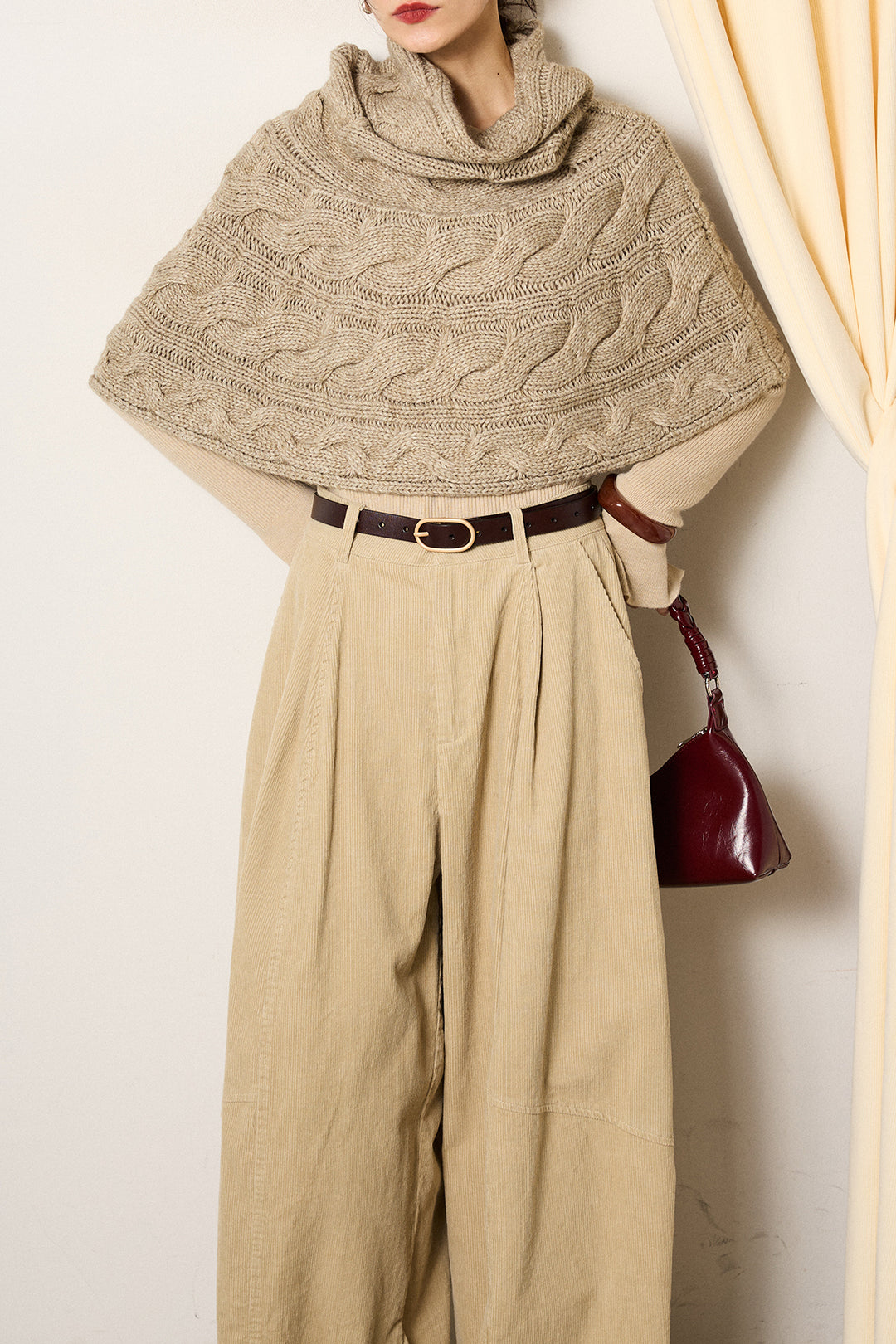 [SET]ケーブル編みケープレイヤードニット+タック入りコーデュロイワイドパンツ(2set)