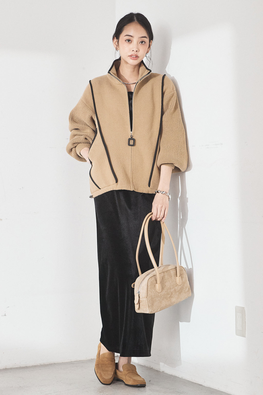 [SET]ハイネックパイピングデザインブルゾン+ベロアバレエネックワンピース(2set)