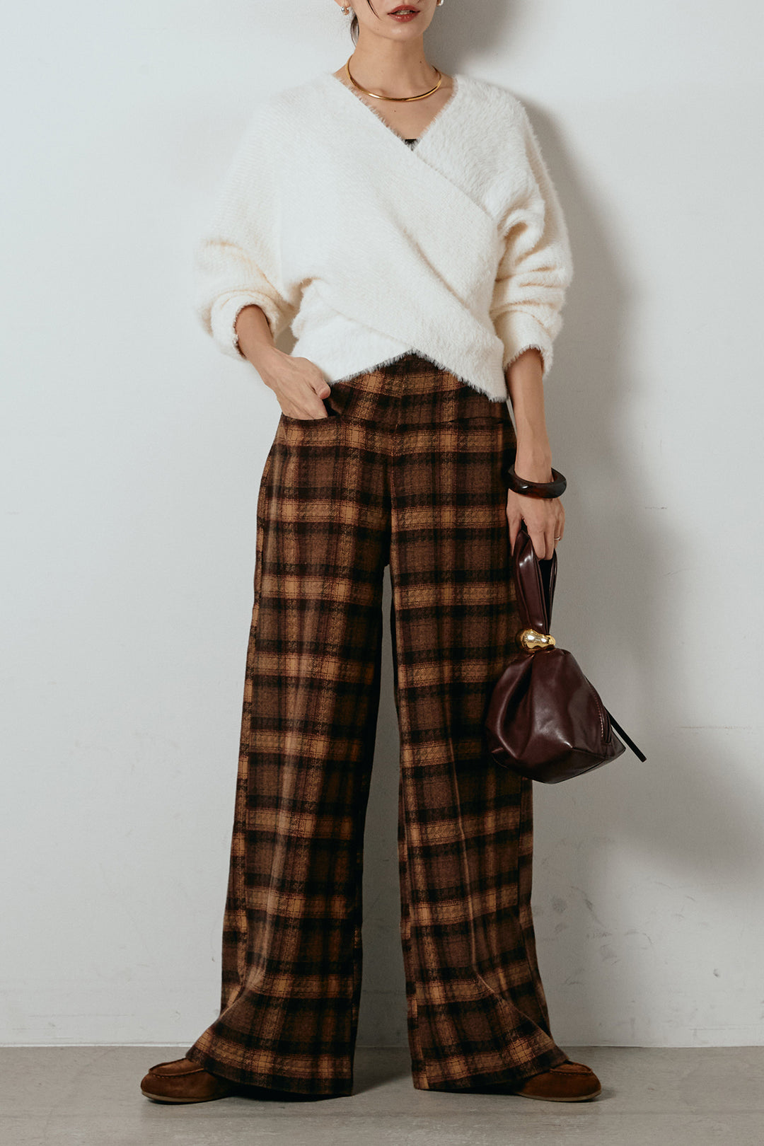 [SET]シャギーカシュクールニットトップス+ルーズタータンチェックワイドパンツ(2set)