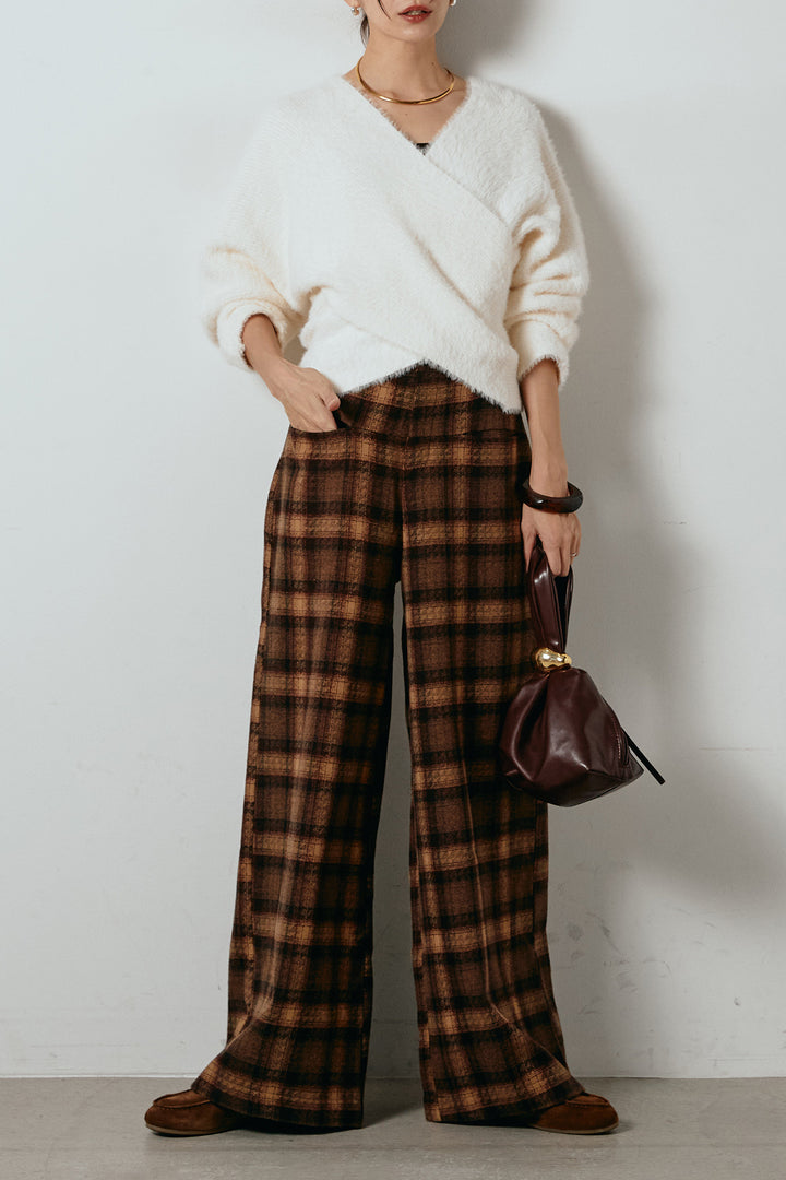 [SET]シャギーカシュクールニットトップス+ルーズタータンチェックワイドパンツ(2set)