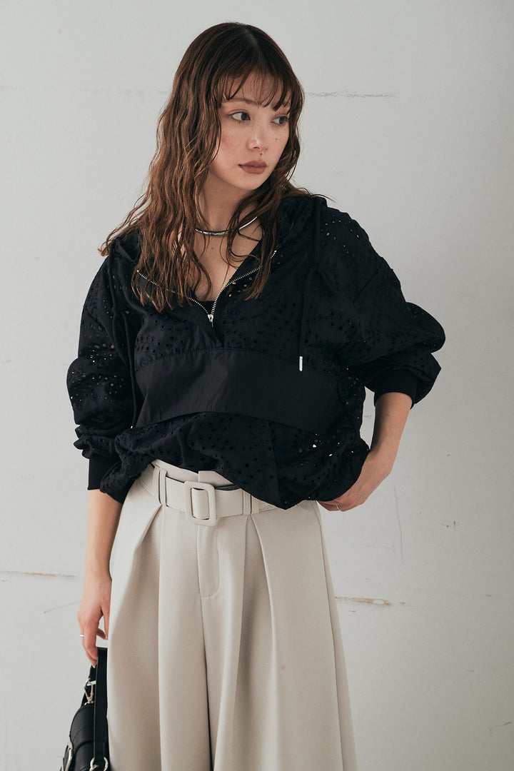 [SET]レースハーフジップアップフーディー+ベルト付きツータックワイドパンツ(2set)