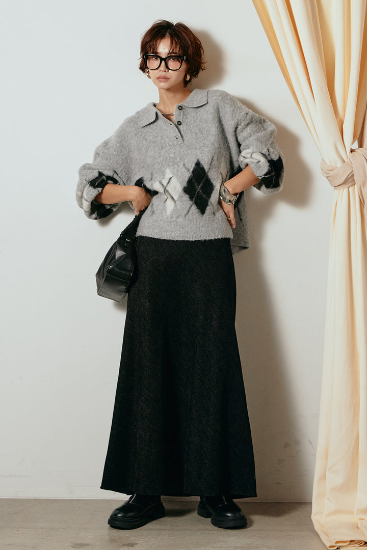 [SET]アーガイル柄ポロニットトップス+スウェードライクロングスカート(2set)