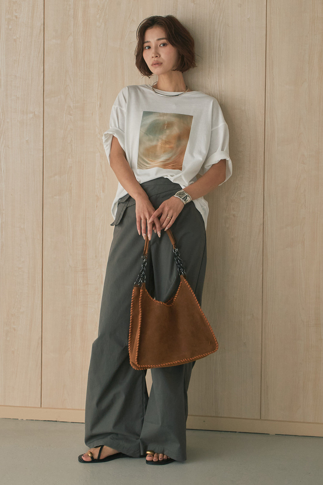 [SET]MarbleプリントTシャツ+ポケットベルト付きニーサイドタックパンツ(2set)