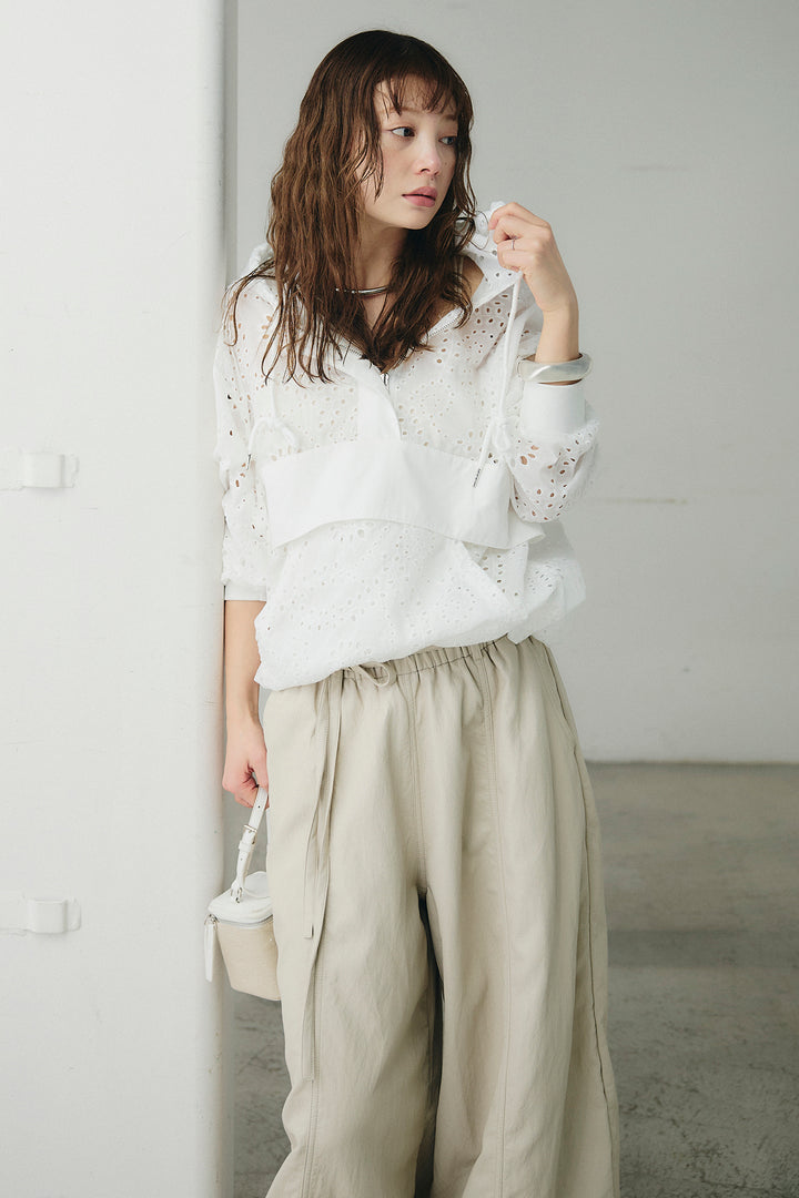 [SET]レースハーフジップアップフーディー+フェイクレザーカーブワイドパンツ(2set)