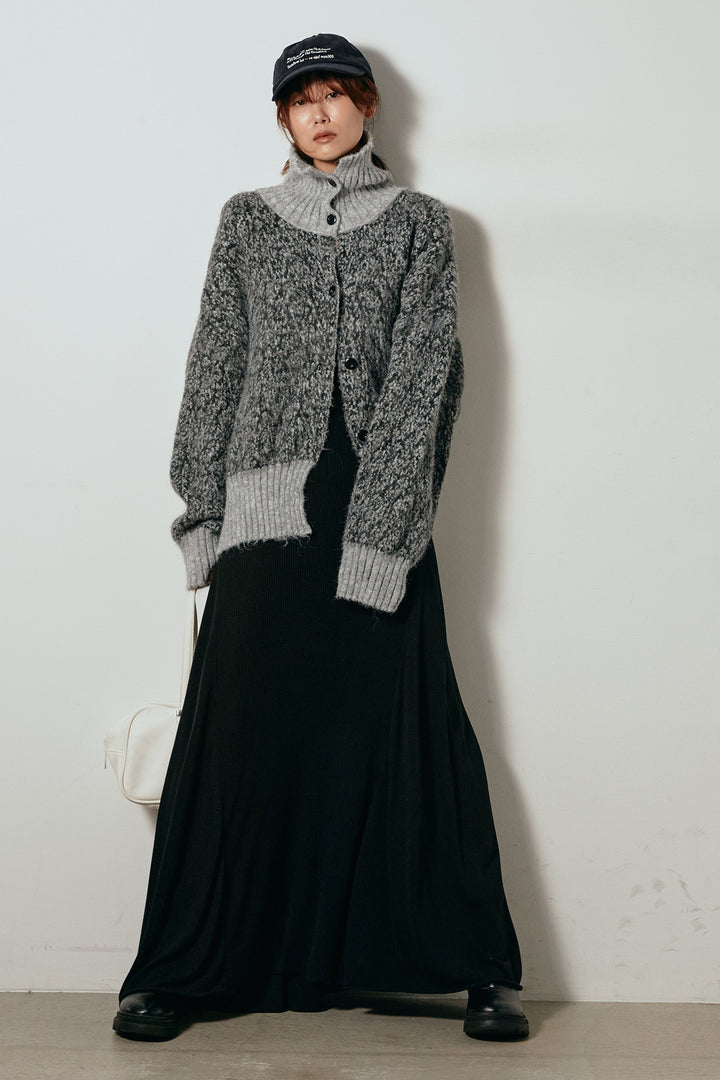 [SET]ハイネックミックスニットトップス+サイド切り替えリブニットロングスカート(2set)