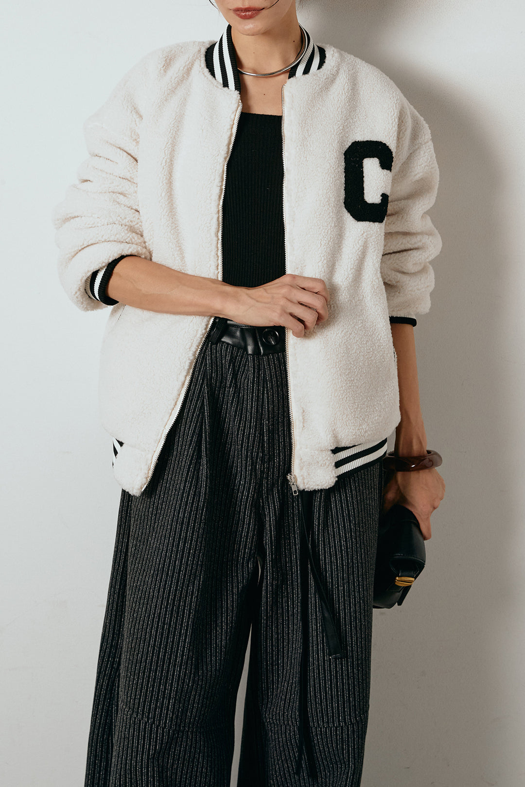 [SET]ロゴスタジャンボアブルゾン+レザーライク配色ストライプパンツ(2set)