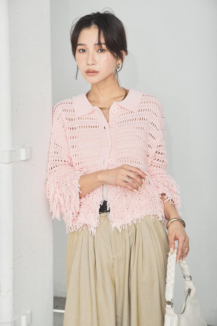 [SET]メッシュフリンジカーディガン+編みベルト付きウエストタックワイドパンツ(2set)