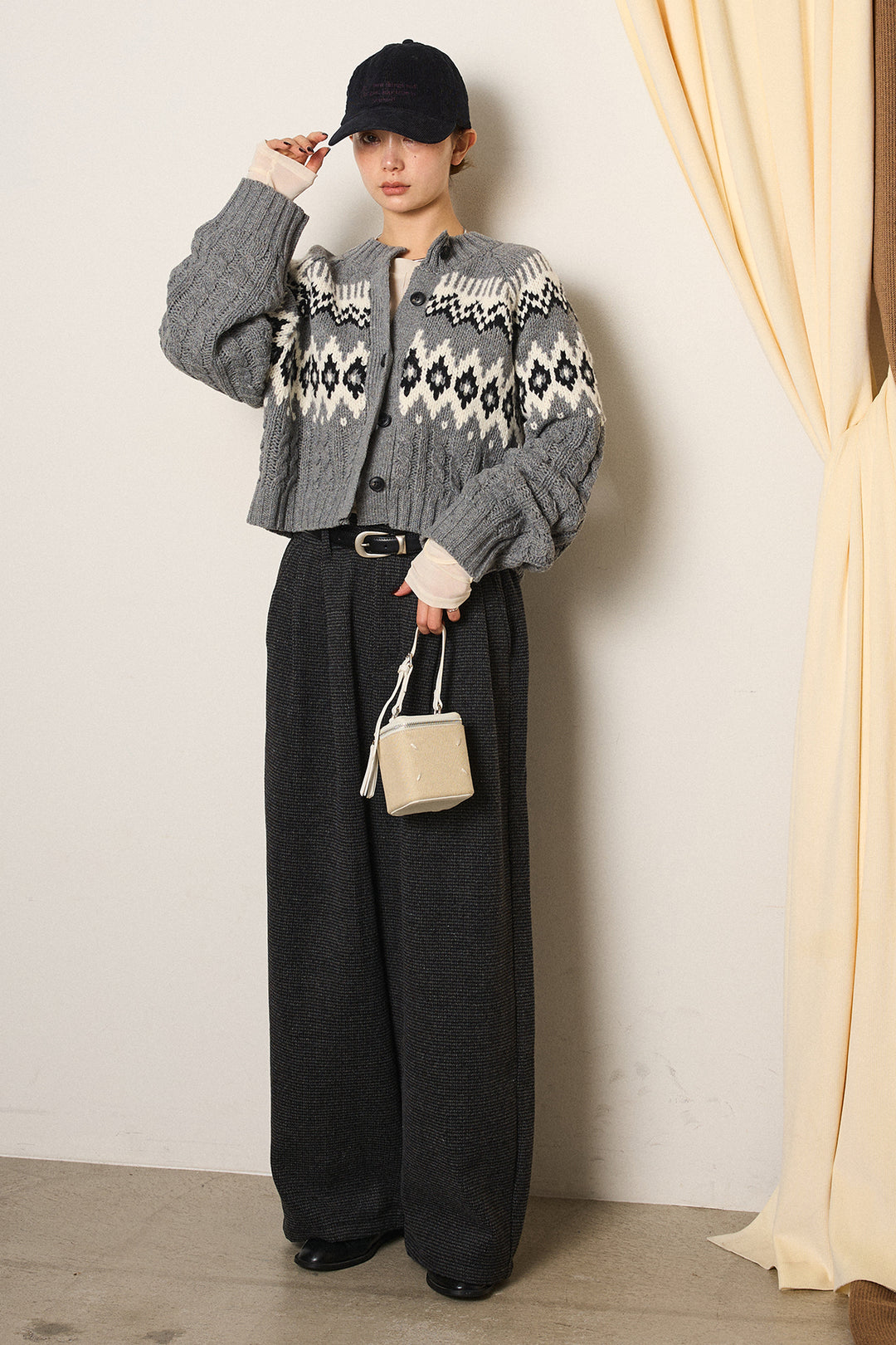 [SET]2WAY求心柄ジャガードショートカーディガン+起毛タック入りツイードワイドパンツ(2set)