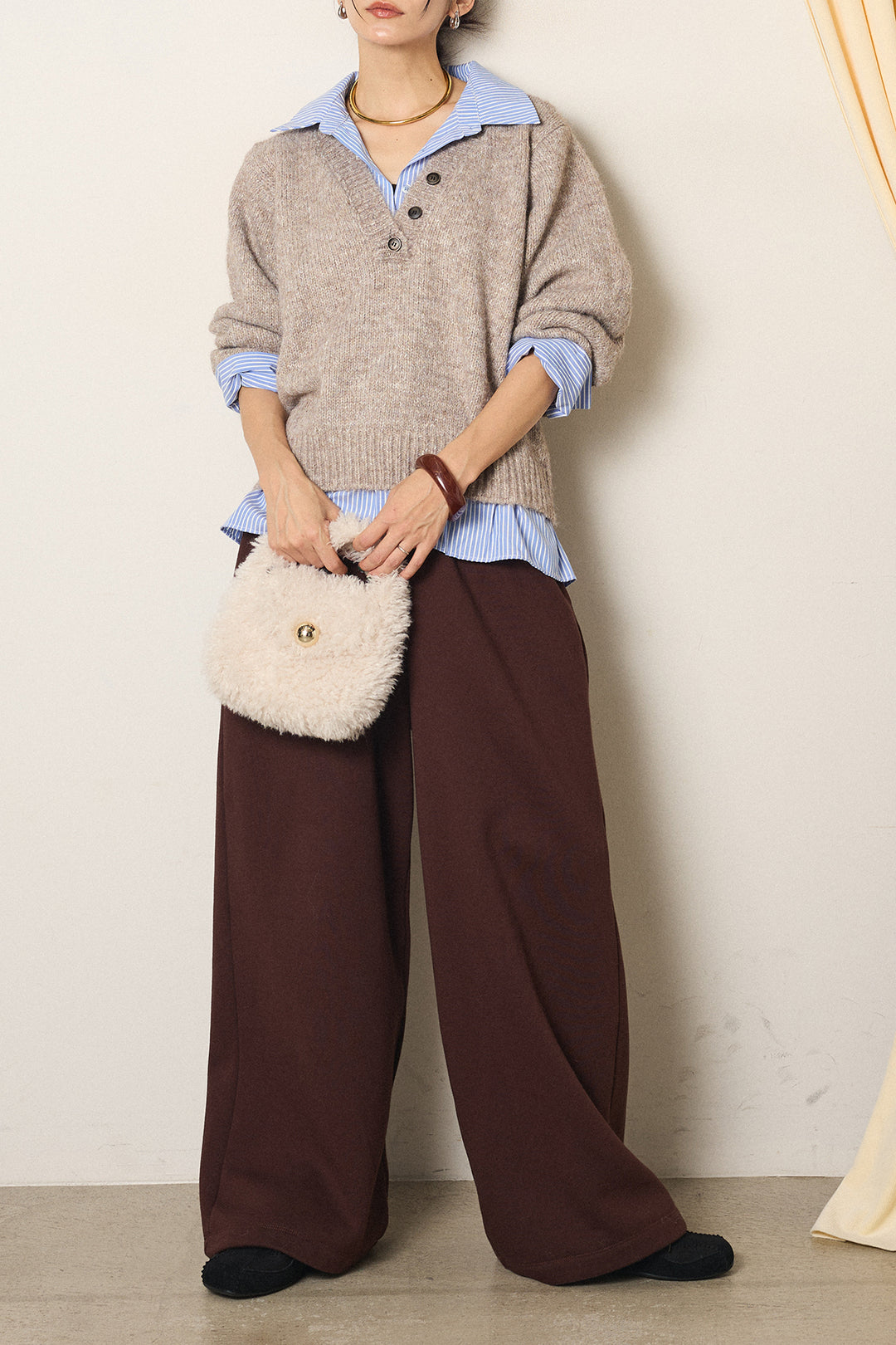 [SET]ストライプシャツドッキングニットポロトップス+裏起毛スウェットワイドパンツ(2set)