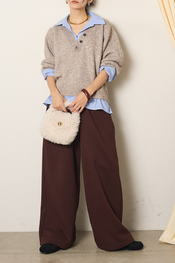 [SET]ストライプシャツドッキングニットポロトップス+裏起毛スウェットワイドパンツ(2set)