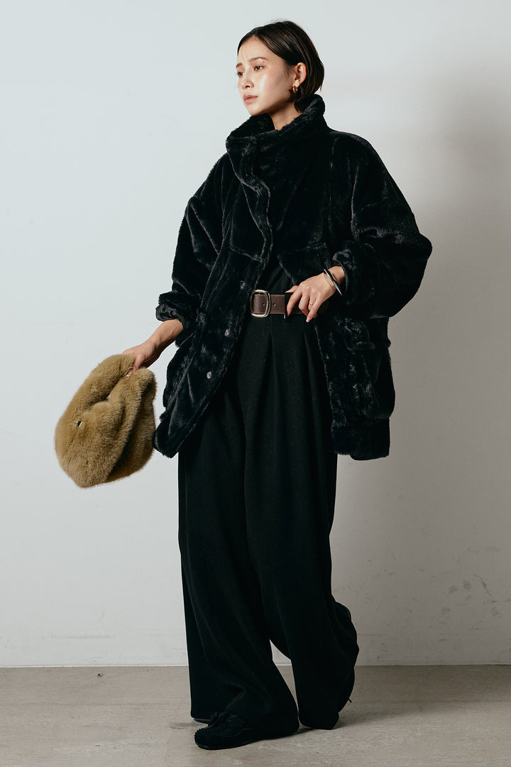 [SET]スタンドネックファーコート+フェイクレザー太ベルト付きタックワイドパンツ(2set)