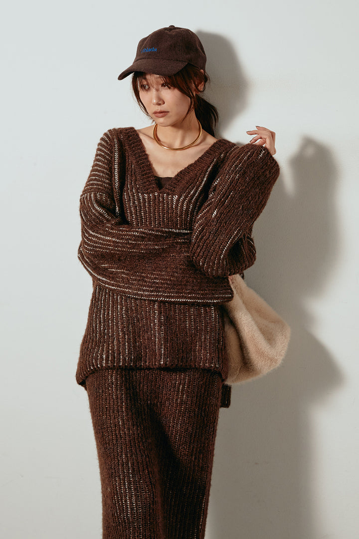 [SET]アルパカタッチ深Vニットトップス+アルパカタッチニットタイトスカート(2set)