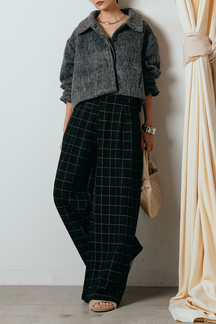 [SET]シャギーショートジャケット+スクエアチェック柄ワイドパンツ(2set)