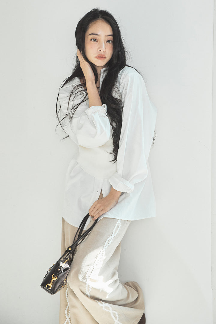 [SET]ニットキャミ付きシャツ+刺繡テープラインパンツ(2set)