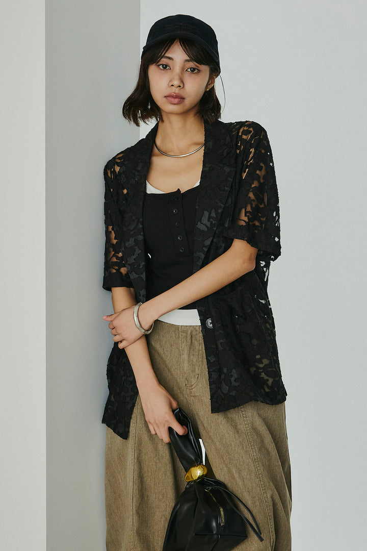 [SET]シアージャガードハーフスリーブテーラードジャケット+配色ヘンリーネックタンクトップ(2set)