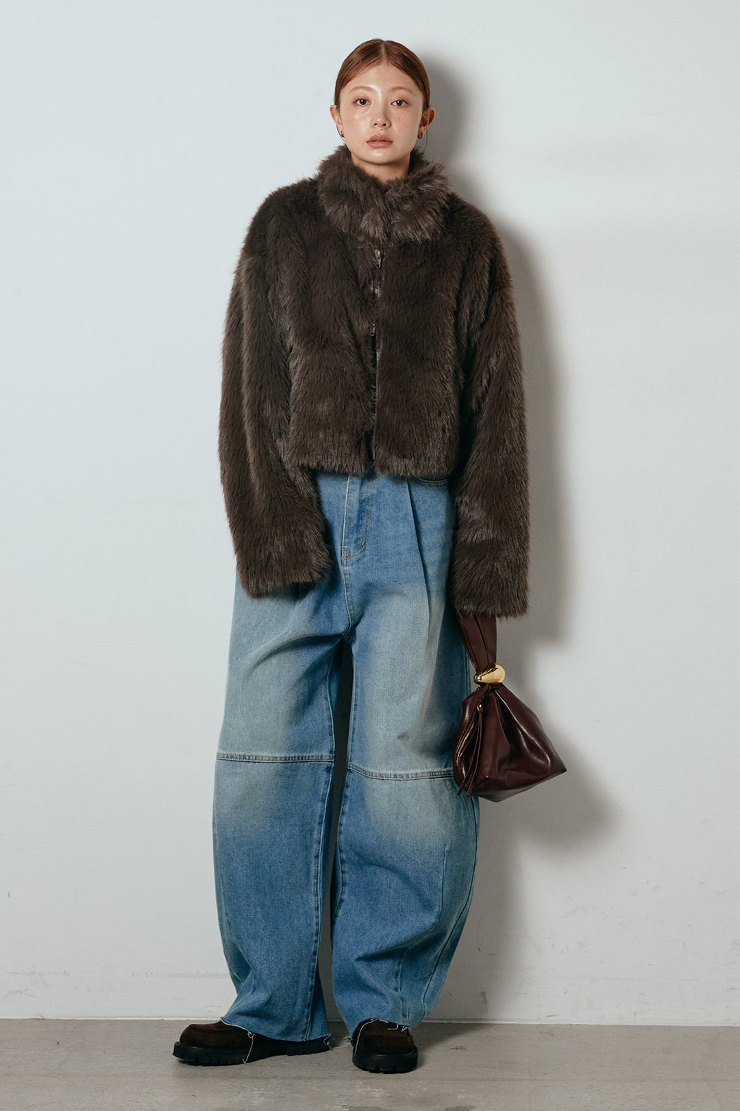 [SET]エコファーショート丈ブルゾン+加工デニムタックコクーンワイドパンツ(2set)