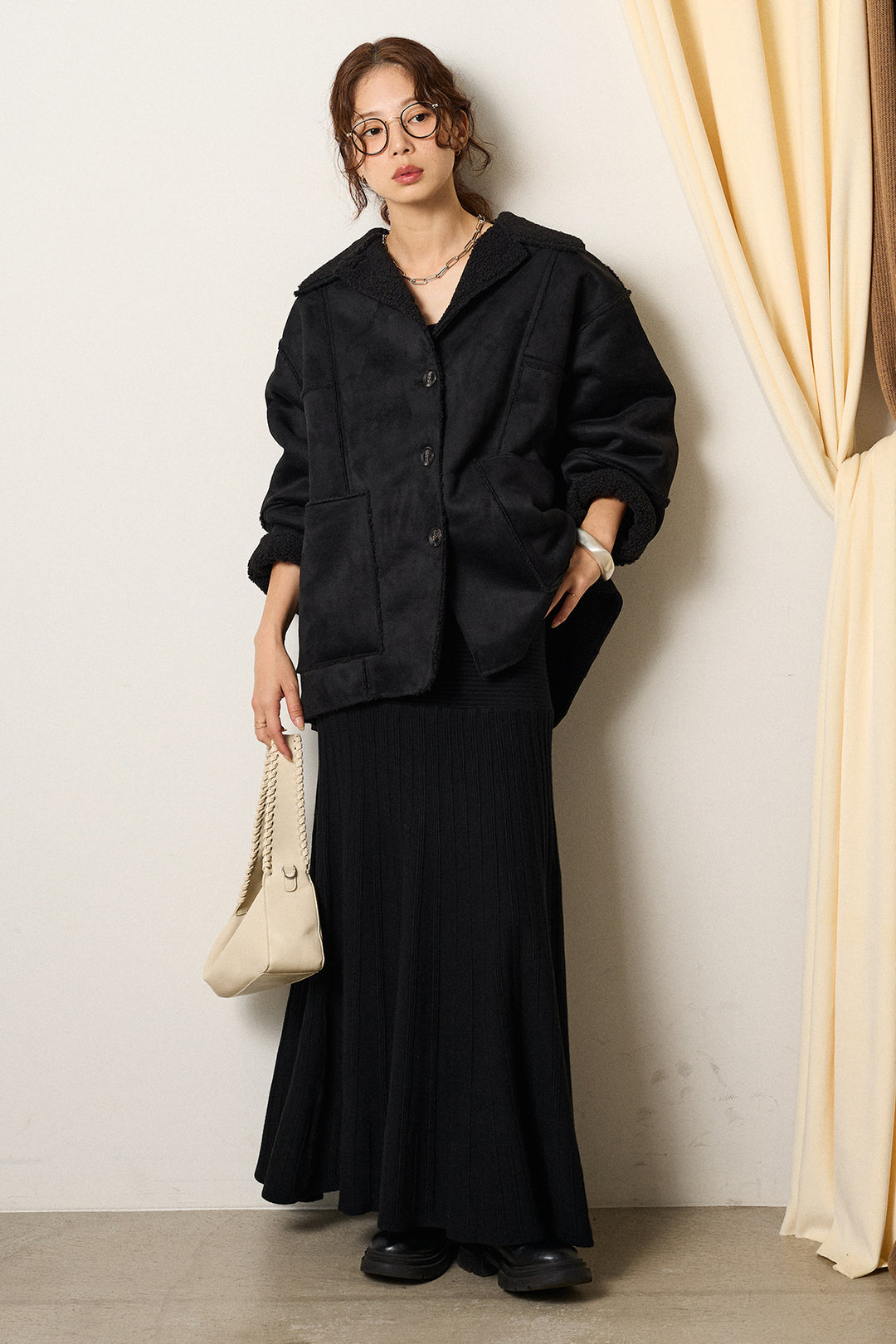 [SET]エコムートンカバーオール+編み地切り替えフレアニットスカート(2set)