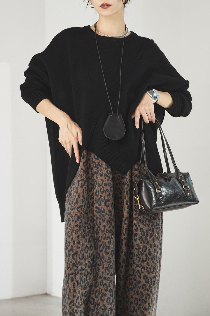 [SET]アシンメトリーデザインニットトップス+リラックスレオパード柄ワイドパンツ(2set)