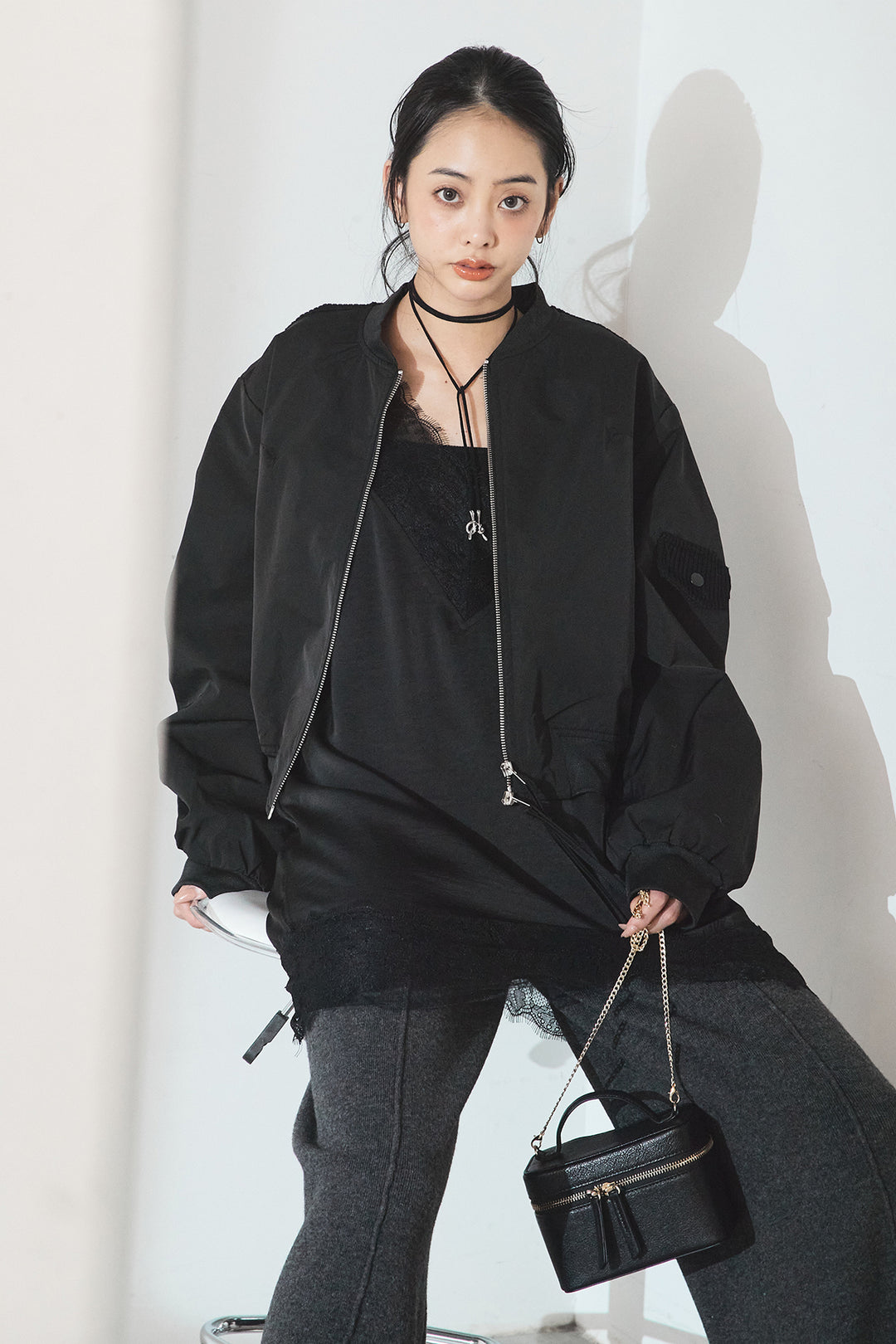 [SET]袖ギャザーデザインブルゾン+センターラインニットパンツ(2set)