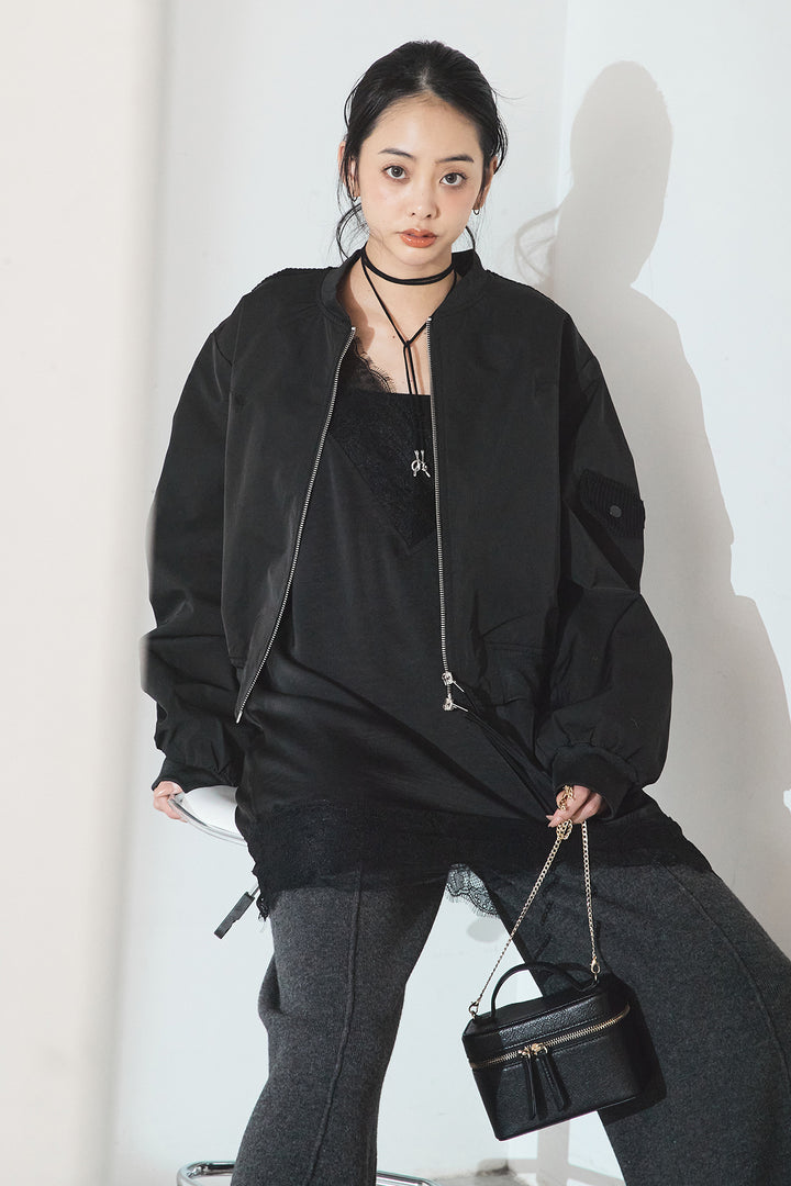 [SET]袖ギャザーデザインブルゾン+センターラインニットパンツ(2set)