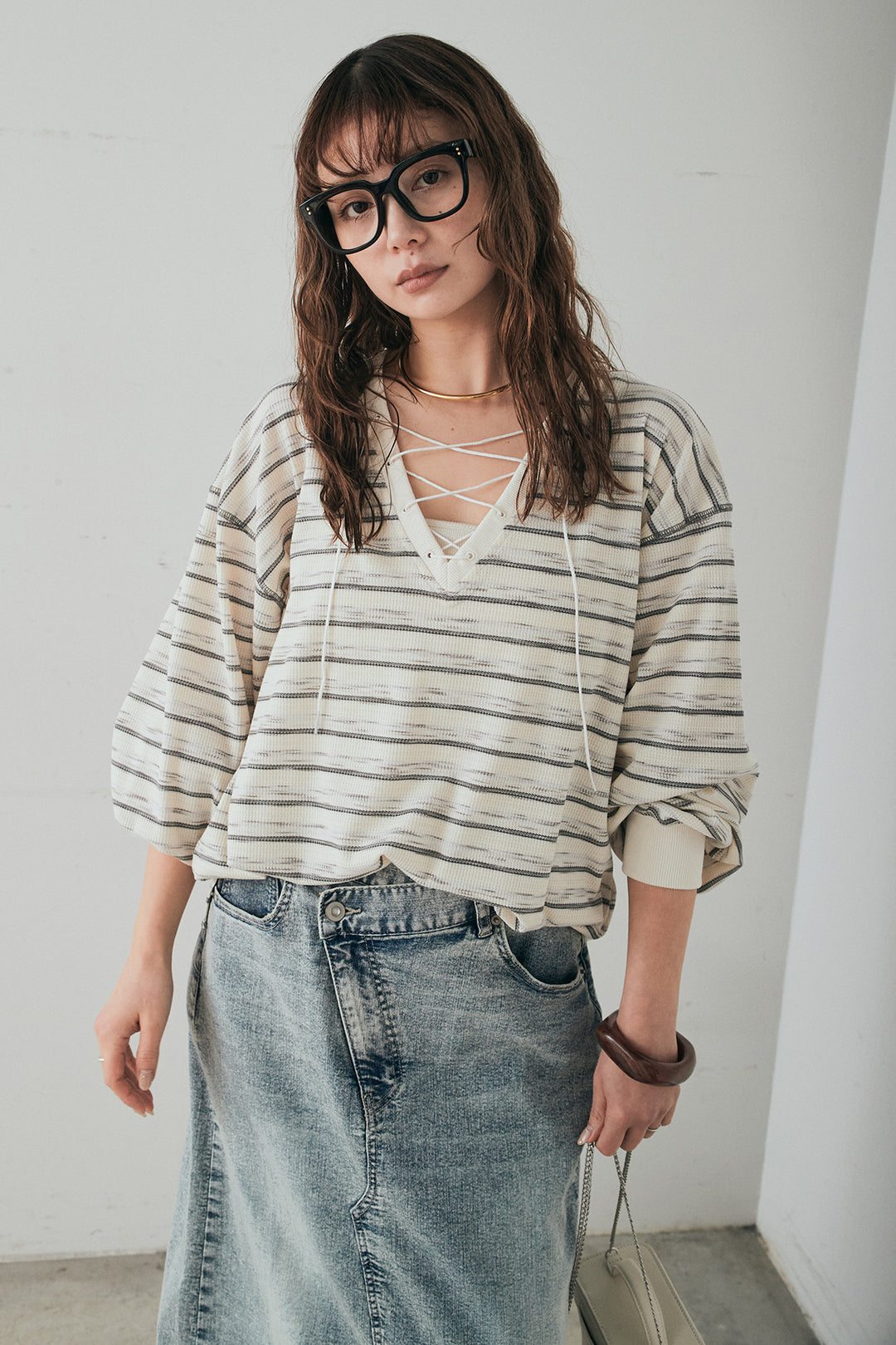 [SET]レースアップワッフルボーダートップス+ウエストクロスデニムタイトスカート(2set)