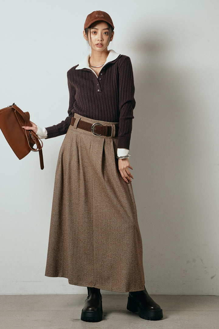 [SET]レイヤード風リブニットトップス+太ベルト付きヘリンボーンプリーツスカート(2set)